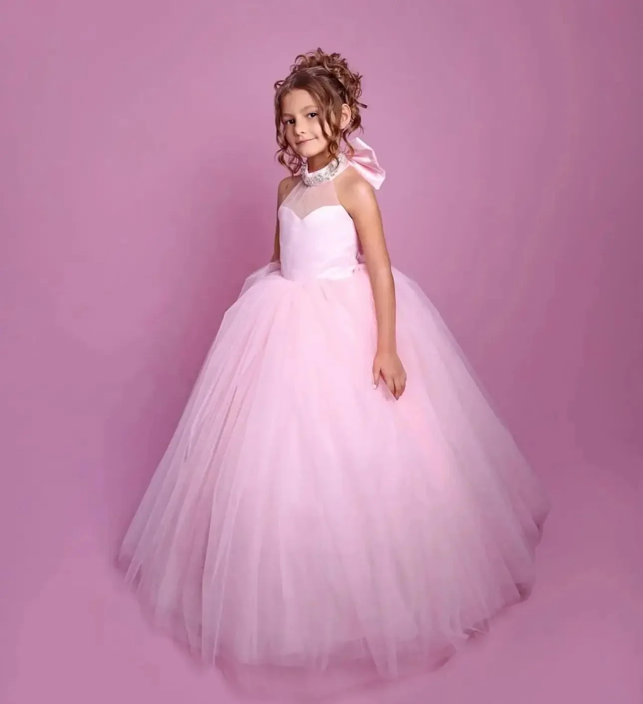 Vestidos rosas sin mangas para niña de flores para boda con lazo vestido de niña de tul para sesión de fotos vestidos de primera comunión personalizados