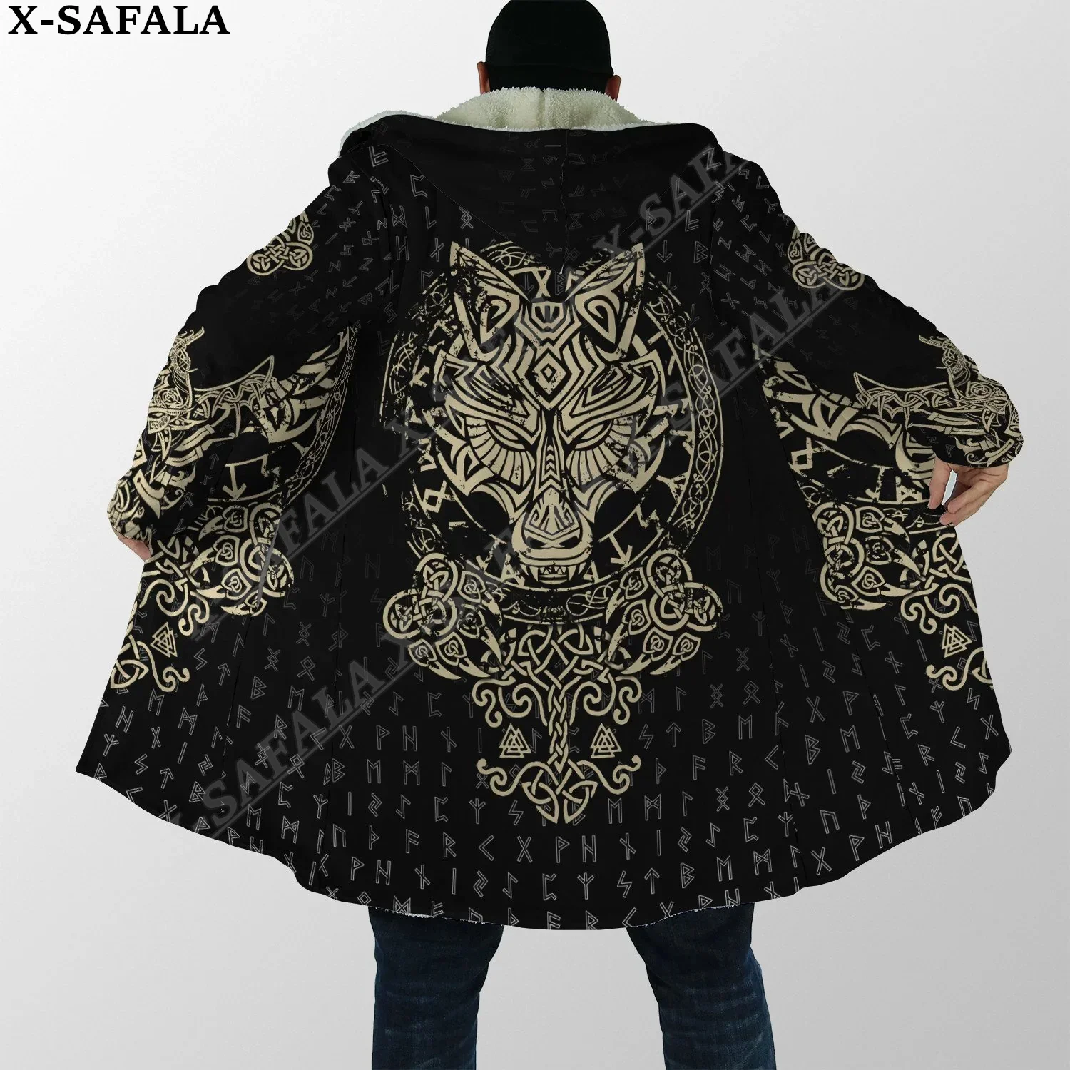 

Viking Native Feather Wolf Dark Dream Catcher Overcoat Coat 3D Print Thick Warm Hooded Cloak Men Windproof Fleece Unisex-5