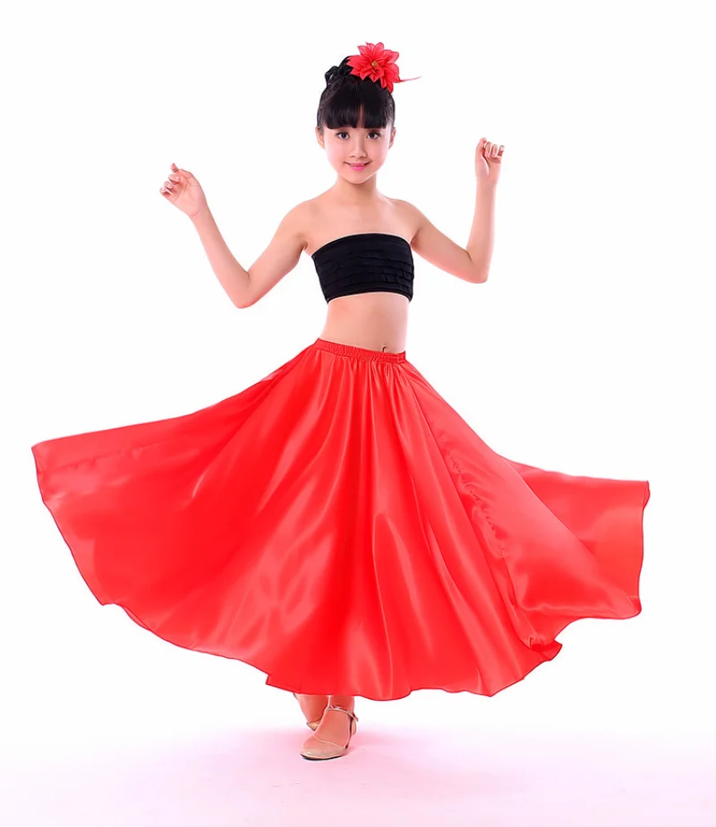 Children's Dance Practice Skirt Shining Satin Long Spanish Skirt Swing Dancing Skirt Belly Dance Skirt Sun Skirt 14 Colors 2023