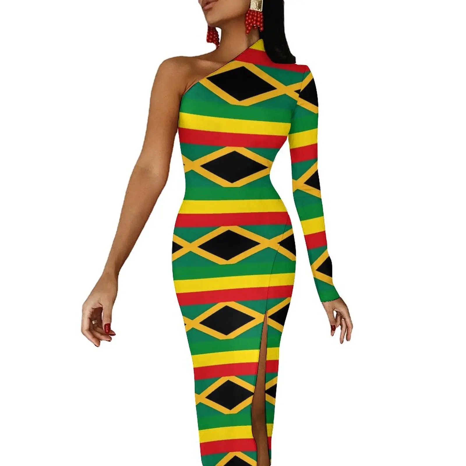 

Jamaica Flag Print Long Dress Female Flag of Reggae Party Maxi Dress Autumn Elegant Bodycon Dresses High Slit Custom Clothing