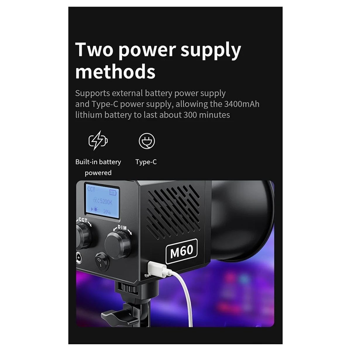 Compact M60 Handle Photo Studio Light COB Bi-Color CCT 2500-6500K CRI Greater Than Equal 95 TLCI Greater T