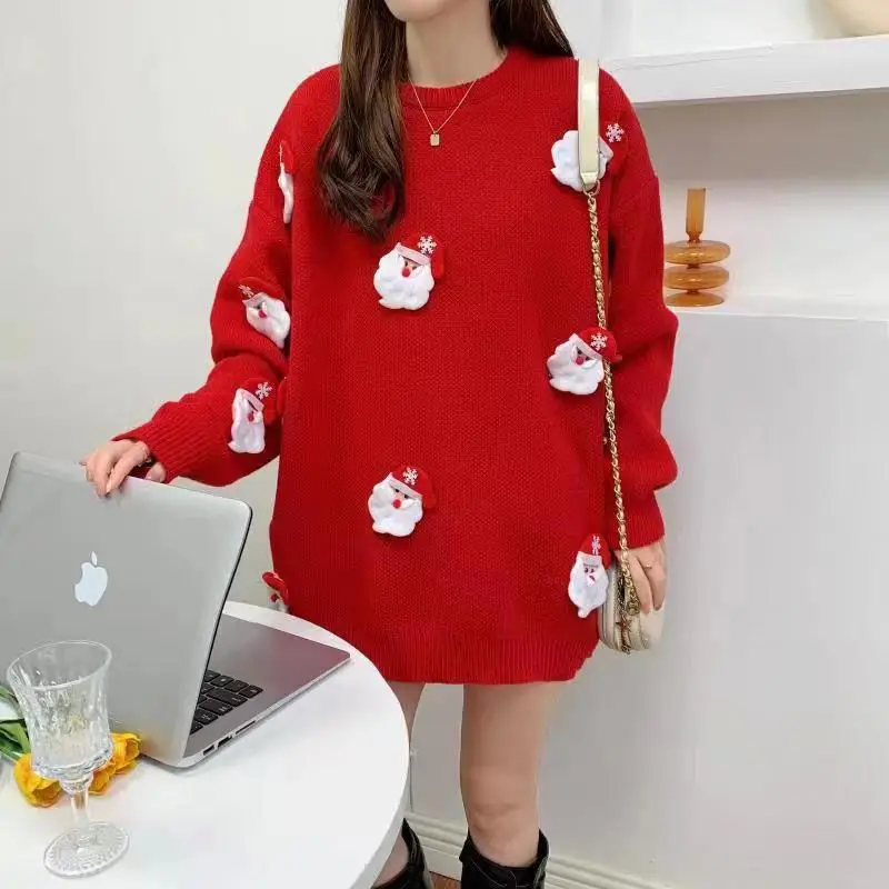 Christmas Red Sweater Female Knitting Loose O-neck Long Sleeve Mid Length Top Autumn Winter Lively Cute Patchwork Pullovers Tops