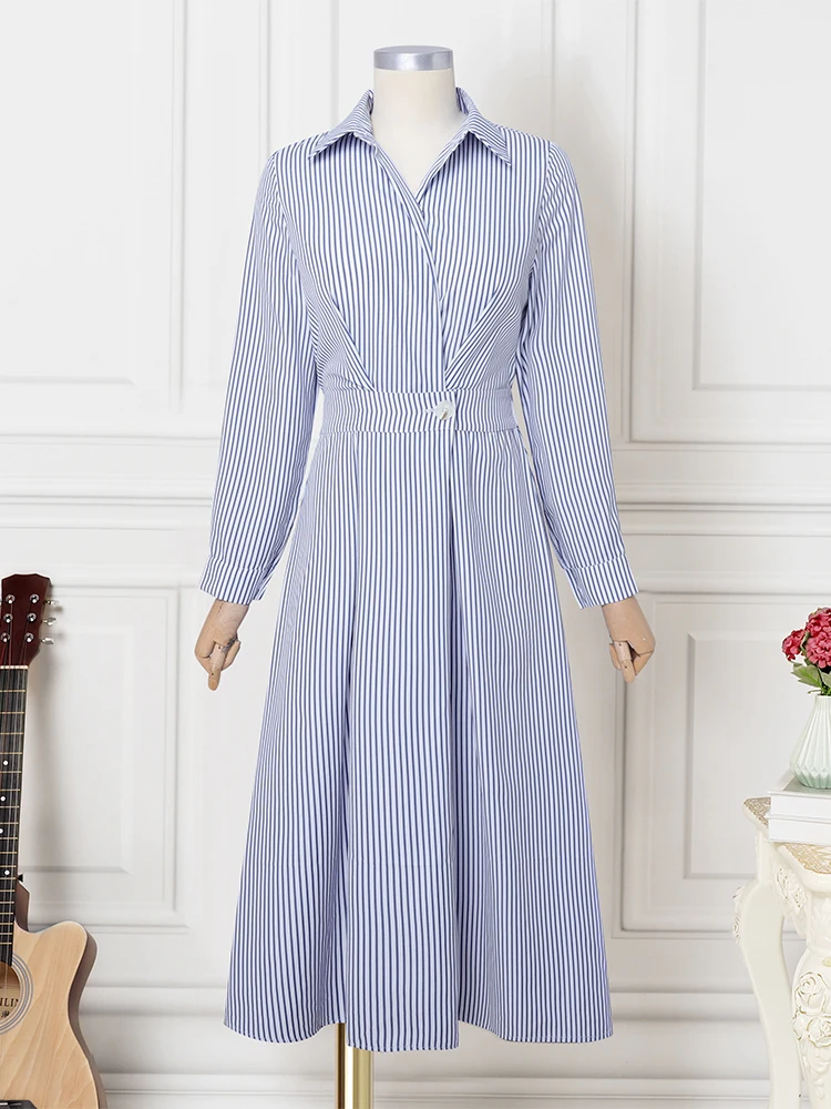 VONDA Elegante Frauen Gestreiften Lange Kleid Langarm Tasten Revers Plissee Hemd Vestidos Herbst Hohe Taille Büro Dame Party Robe