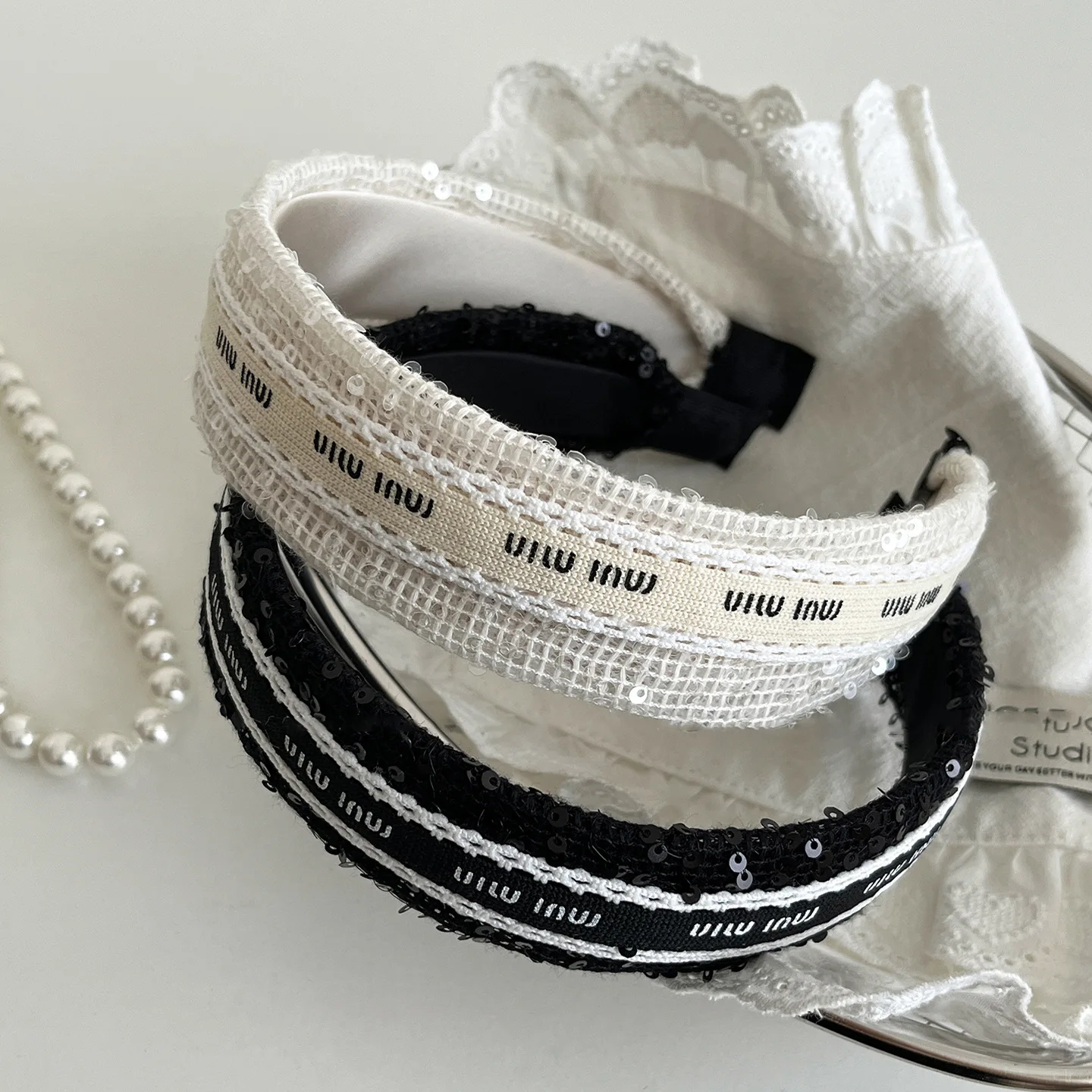

French fashion woven headband with super shiny sheet letter print for women girl wash face wide edge simple hair band