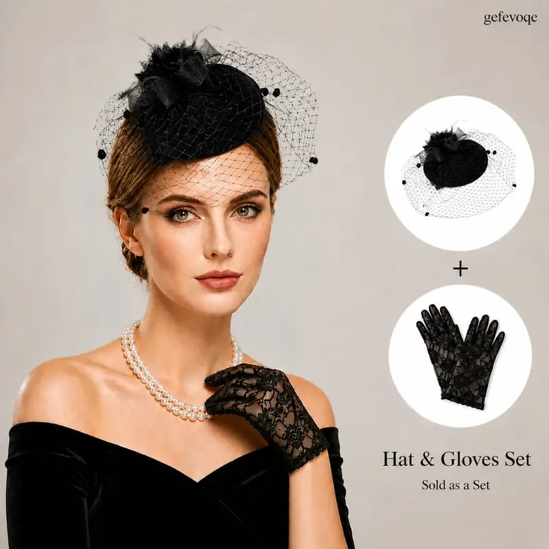 Womens Elegant Fascinator Hat with Lace Gloves Set Veil Bow Headpiece for Tea Party Wedding Cocktail Party Formal Events