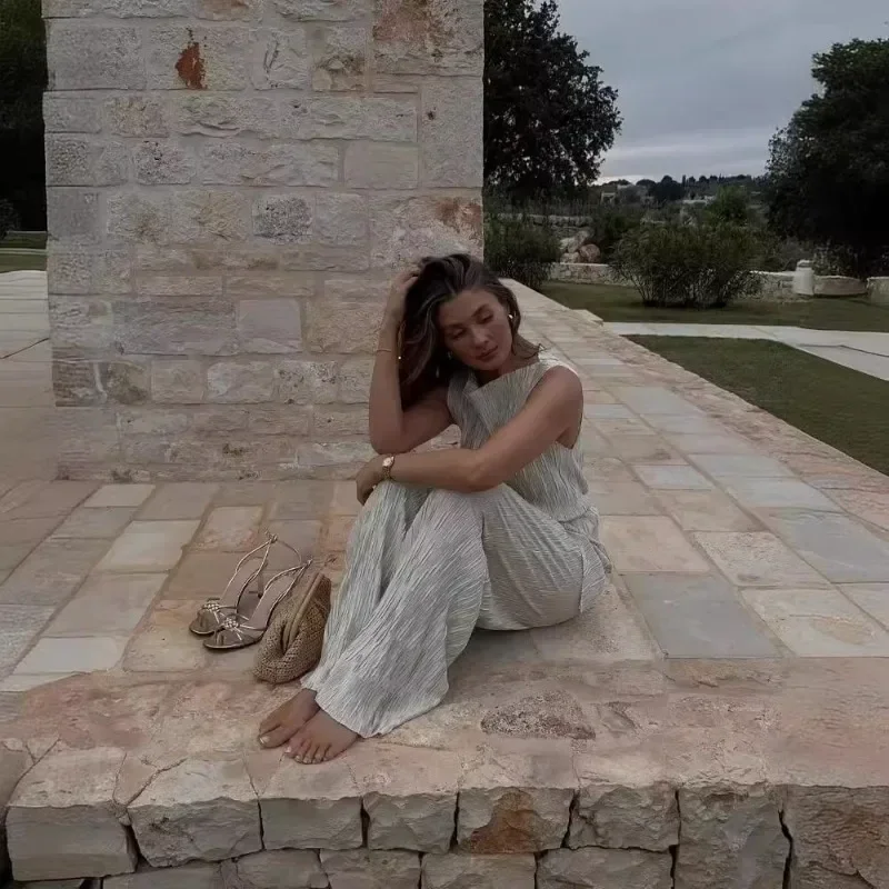 طقم بنطلون نسائي غير رسمي قابل للطي ، فتحة رقبة دائرية بدون أكمام ، كشكشة ، أطقم بنطلون فضفاض عالي الخصر ، بدلة نسائية صيفية ،