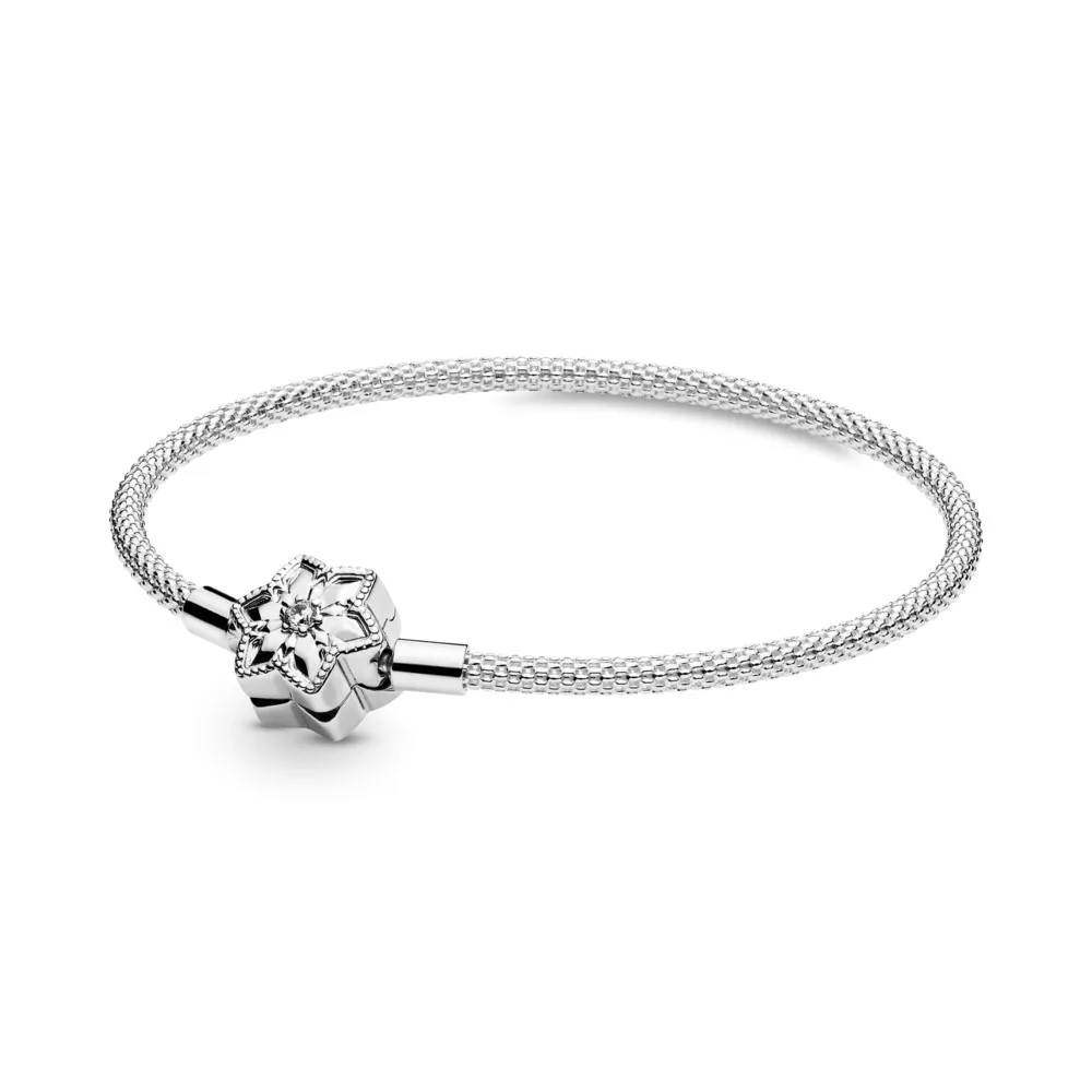 

Authentic 925 Sterling Silver Moments Bright Snowflake Star Clasp Fashion Mesh Bracelet Fit Women Bead Charm Gift DIY Jewelry