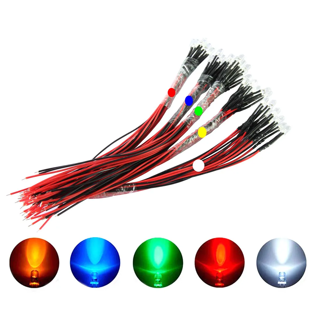 50Pcs Wired LED Diode Lights 5 Colors White Red Green Blue Yellow Flexible Cable 20Cm Car Boat Industrial Camera DIY Lighting