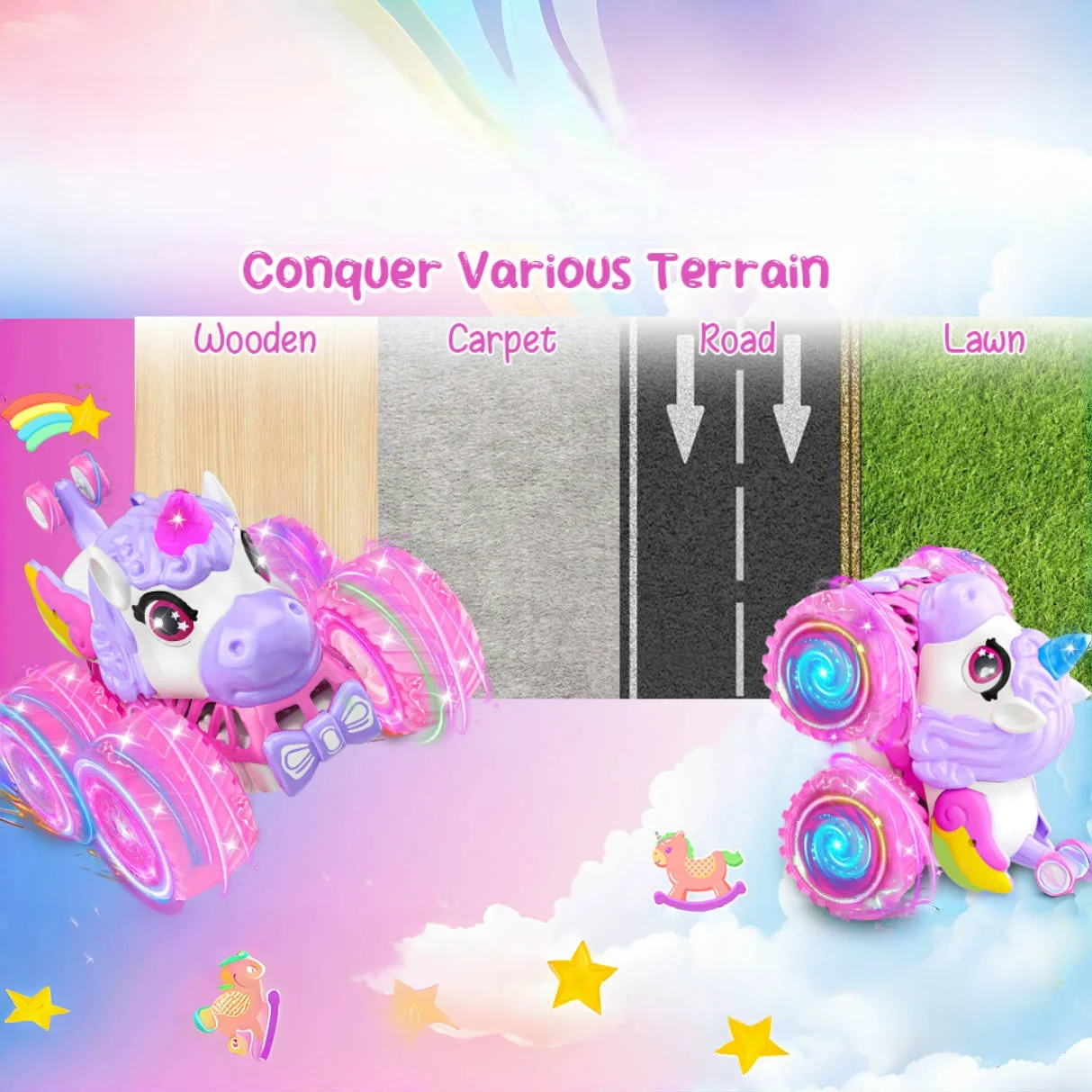 Coche acrobático Bigfoot con control remoto, coche acrobático RC de 2,4 GHz con luz LED y música, regalos de unicornio para niñas, regalos de cumpleaños al aire libre