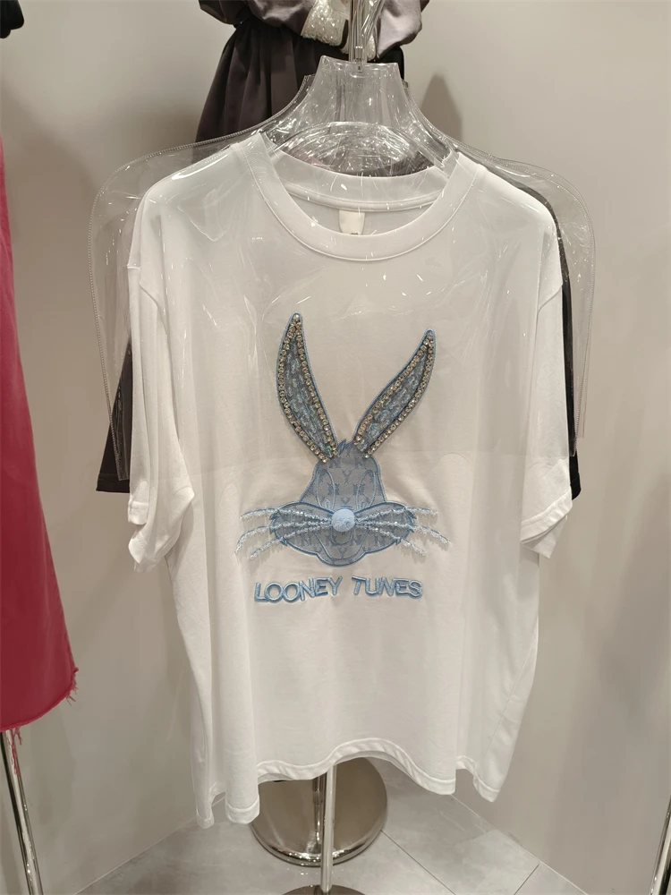 2023 New Spring Summer Mid-long Short Sleeve T-shirt Women Loose Pullover Top Diamond Cartoon Bunny Embroidery Black Cotton Tees