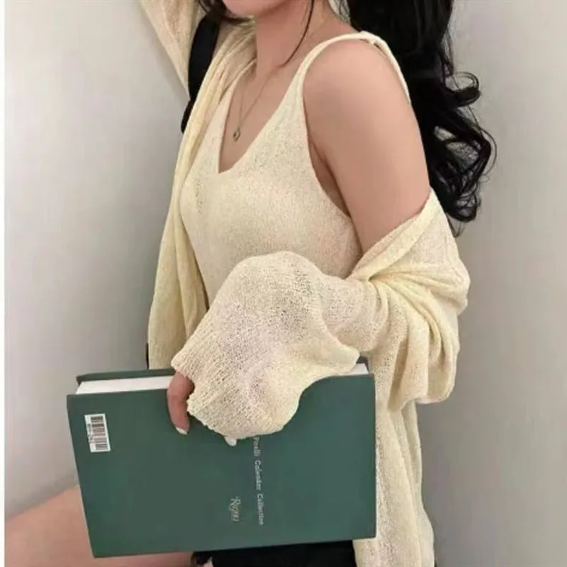 

Ele Knitted Vest Air Conditioner Cover up Top Women's Summer Thin Sle Two Piece Set Sweet Sle V Ne Long Sve Loos...