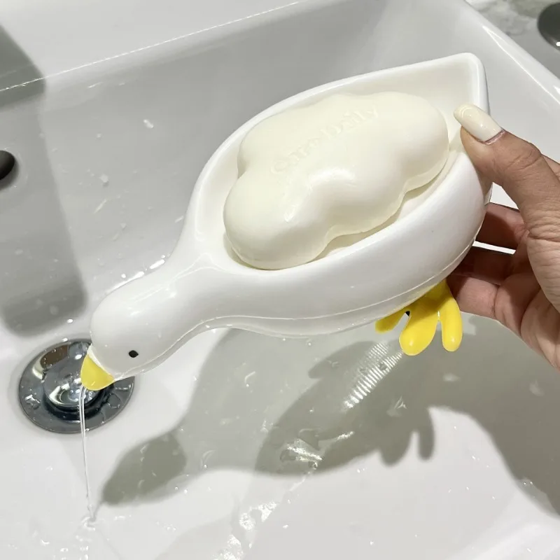 Waterproof Plastic Soap Dish Tray with Drainage for Tub, Shower and Sink, Cute Duck Shape Soap Holder
