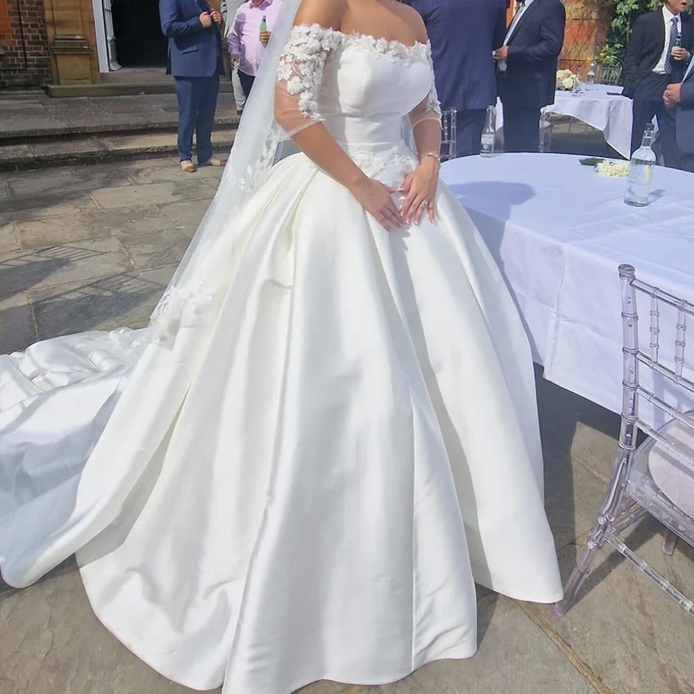 Modern Customized Satin Wedding Dress For Women A Line Wedding Gown Off The Shoulder Floor Length 3/4 Sleeves Bridal Gown