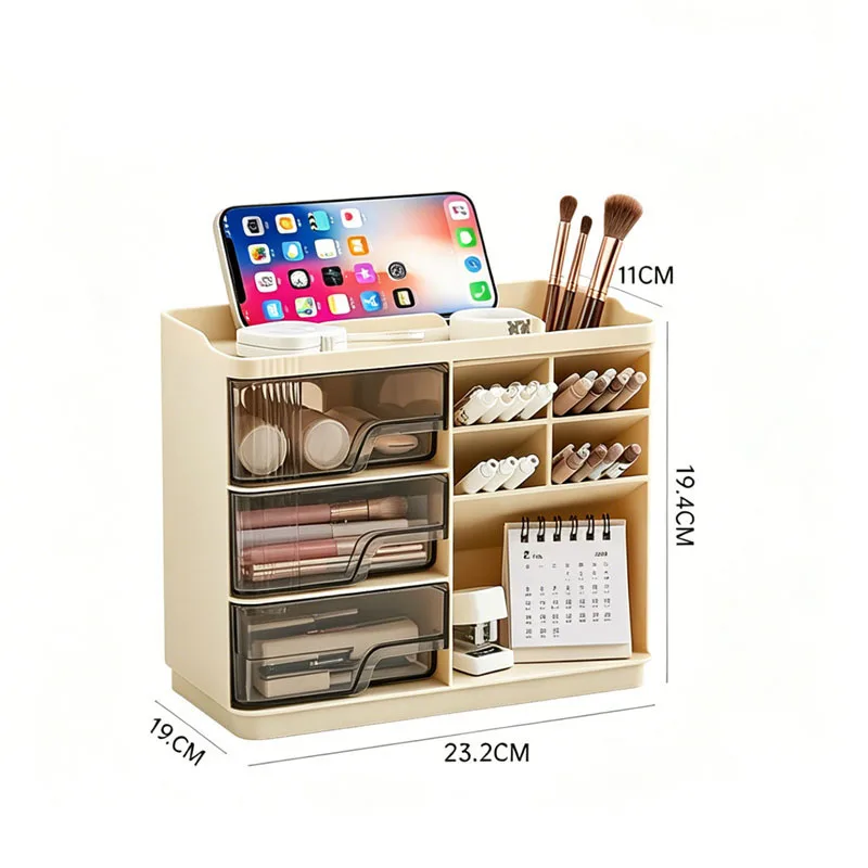 Slanted Makeup Brush Holder with 3 Drawers Vanity Cosmetics Storage Organizer Box Multi-Compartment Desktop Makeup Organizer