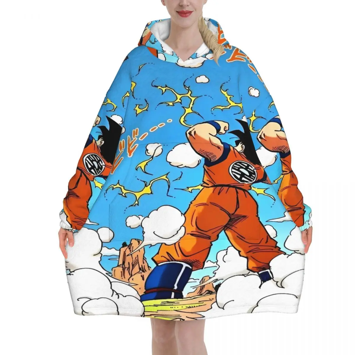 

Носимое одеяло в стиле аниме Dragon Ball, толстовка с капюшоном для женщин и мужчин, толстовка большого размера, одеяло с карманом
