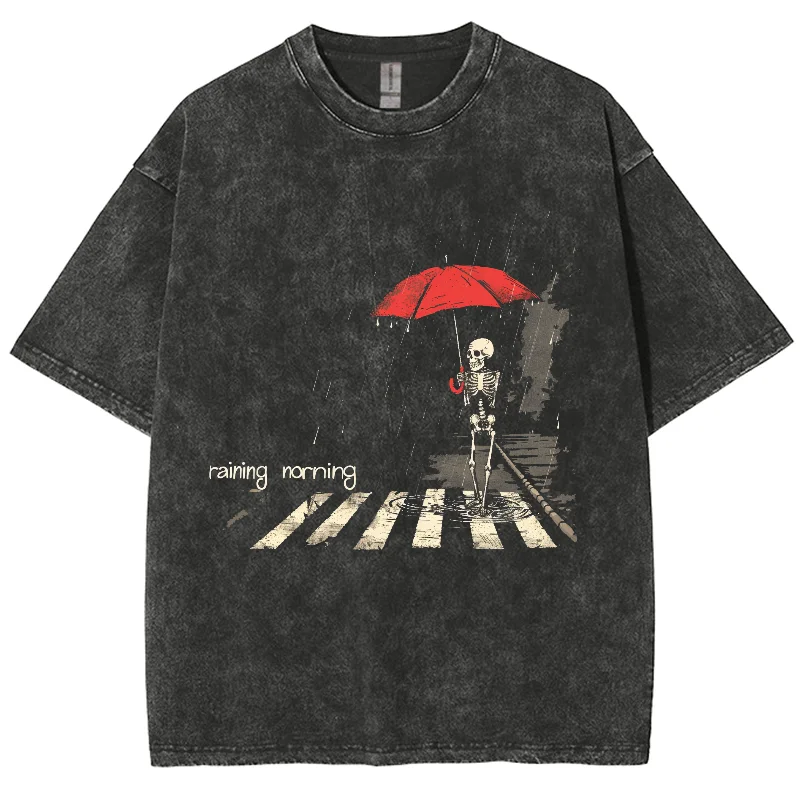 

Casual Skull Rain Umbrella Print Women's Cotton T-Shirt Unisex Oversized Wash Loose Couple Mid-Sleeve Wasteland Fashion Cool Tee