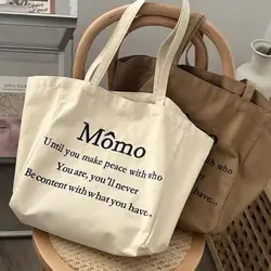 Momo-Bolso de hombro de lona para mujer, bolsa de mano informal con estampado de letras, de gran capacidad, de algodón, reutilizable, para compras y playa