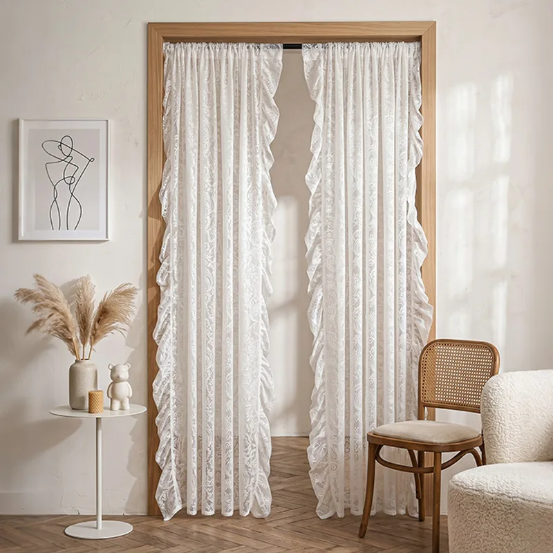 Nordic Minimalist Sheer Curtain, Hollow Lace Voile, Semi-Transparent Window Drape for Bedroom Balcony, Ins Style Decor Scarf