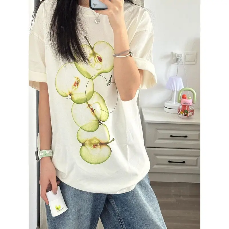 Fun Apple Print Raglan T-shirt for Men and Women Pure Cotton Summer Fashion Trend Casual Comfy Couple Short Sleeve Top Harajuku