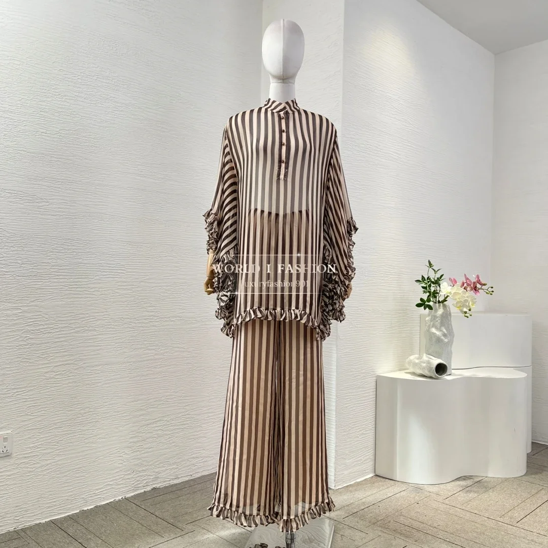 

Blouse Tops and Pants High Quality Set Pleats Design 2025 Brown Stripes Print Ruffles Frilled Long Sleeve