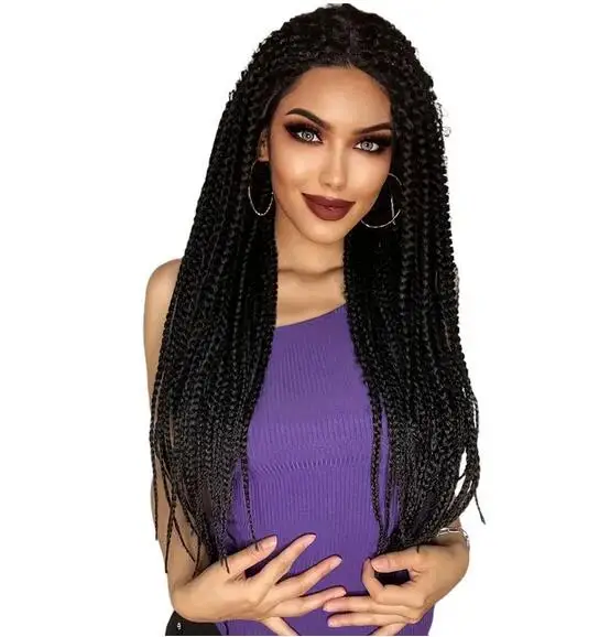 

13*0.5 Black Synthetic 28inch Long Braided Lace Front Dreadlock Wig, Afro Knotless Cornrow Twist Fake Hair