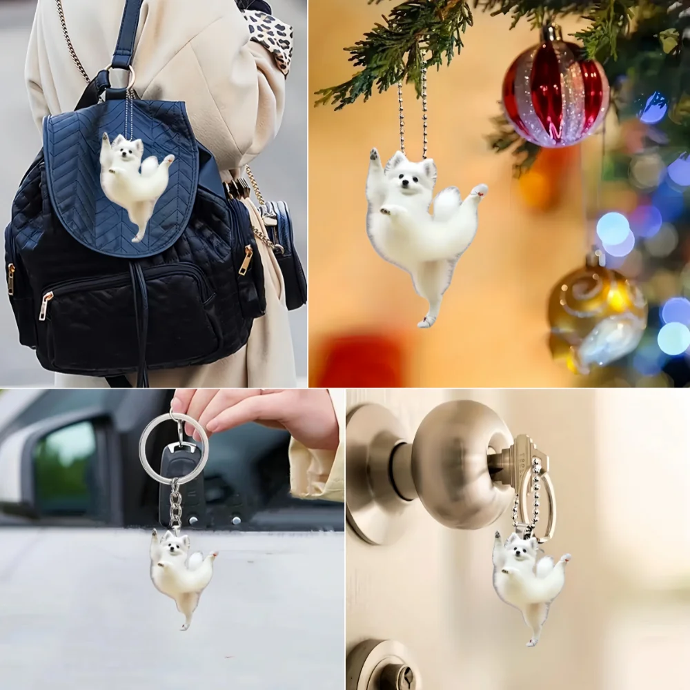 Dancing Pomeranian Acr Pendant Versatile Charm Joyful White Puppy Keychain For Car Mirror,Backpack,Home,Festive Party,Gift&Decor