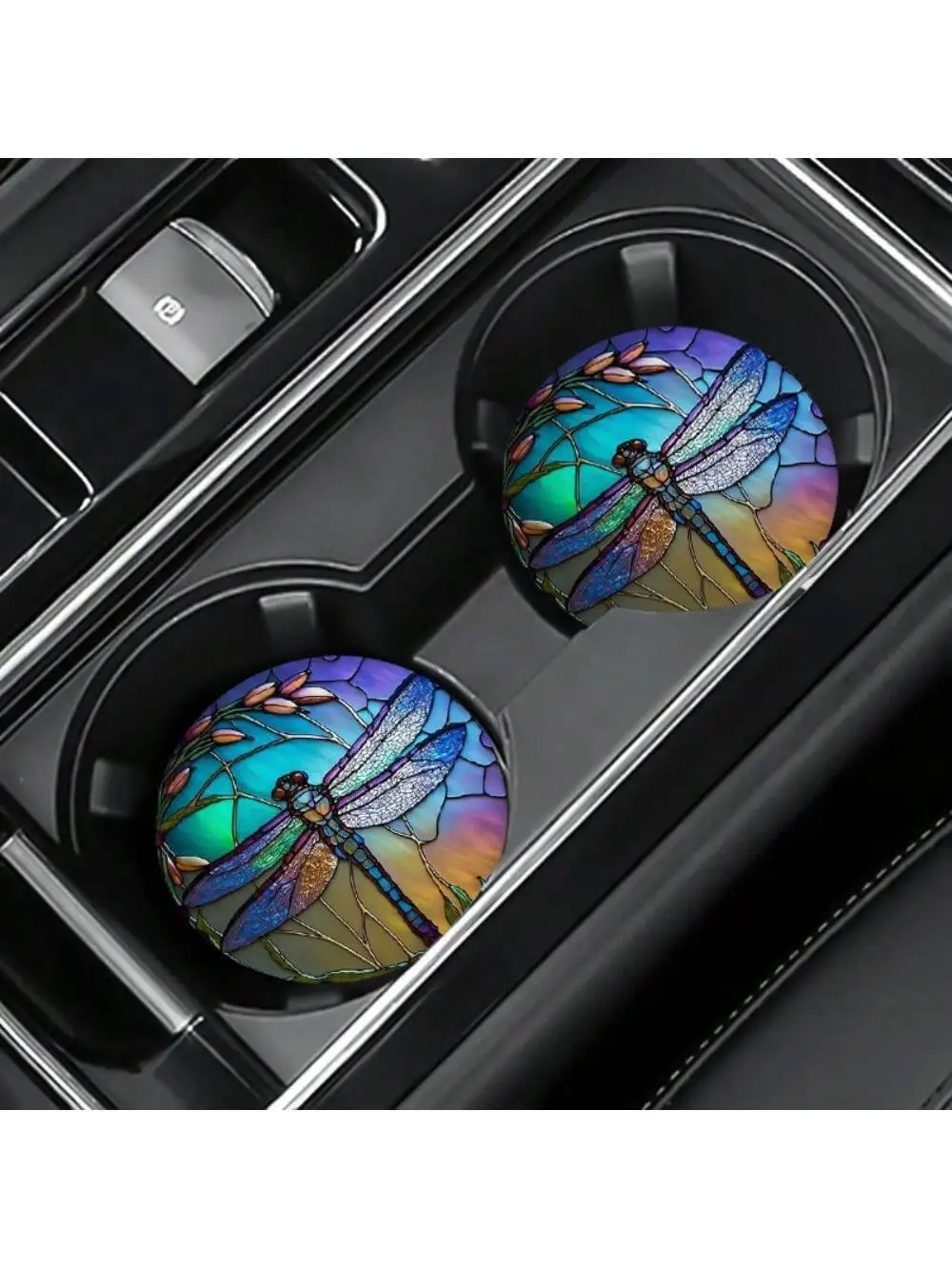 2pcs Dragonfly Car Coasters, Colored Dragonfly Car Non-Slip Drink Cup Mat, Car Interior Accessories Mat For Women Men