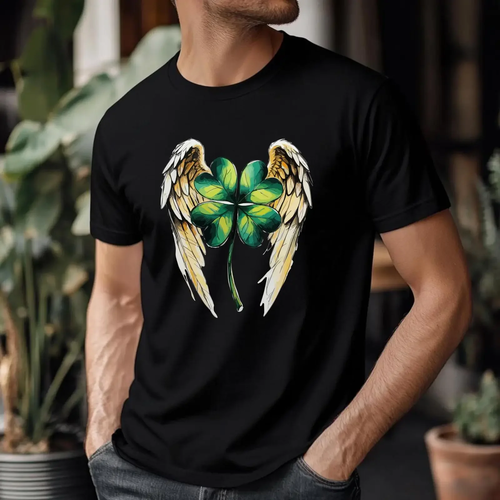 Lucky Four Leaf Clover T Shirt Angel Wings Shamrock vintage Washed homme fashion graphic Unisex Comfortable streetwear Slightly