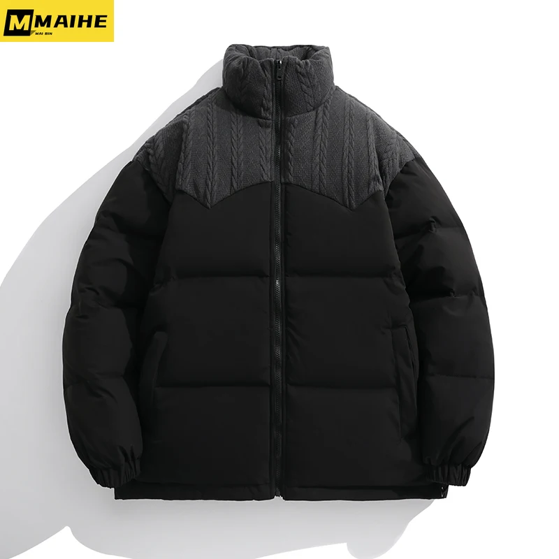 2023 Men's Winter Jacket Harajuku Knitted Spliced Stand-up Collar Windproof Warm Down Jacket Female Korea Plus Thick Parker Coat