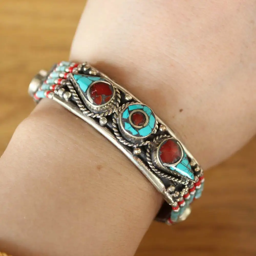 BR484 Vintage Tibetan Copper Inlaid Colorful Stone 16mm Wide Beaded Charm Bracelet For Women