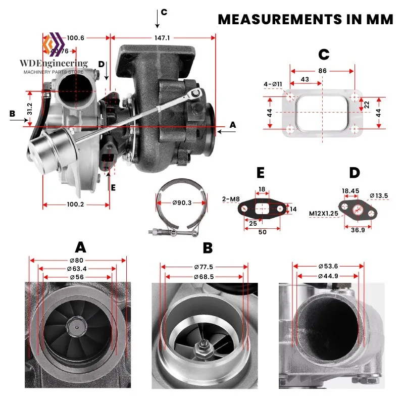 T3/T4 T04E 0.57 0.5 A/R Turbo Turbocharger 400+HP BOOST STAGE III 1.5L to 2.5L With Internal Wastegate Bearing