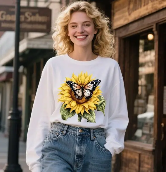 Set da 6 pezzi di adesivi in vinile a trasferimento termico con girasole fresco e farfalla, facili da stirare con colori luminosi e duraturi