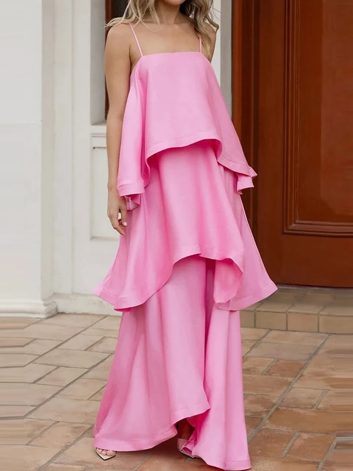 

Elegant Women's Sleeveless Ruffles Party A-line Dress Summer Casual Loose Vacation Dress Sexy Solid Color Halter Cake Long Dress