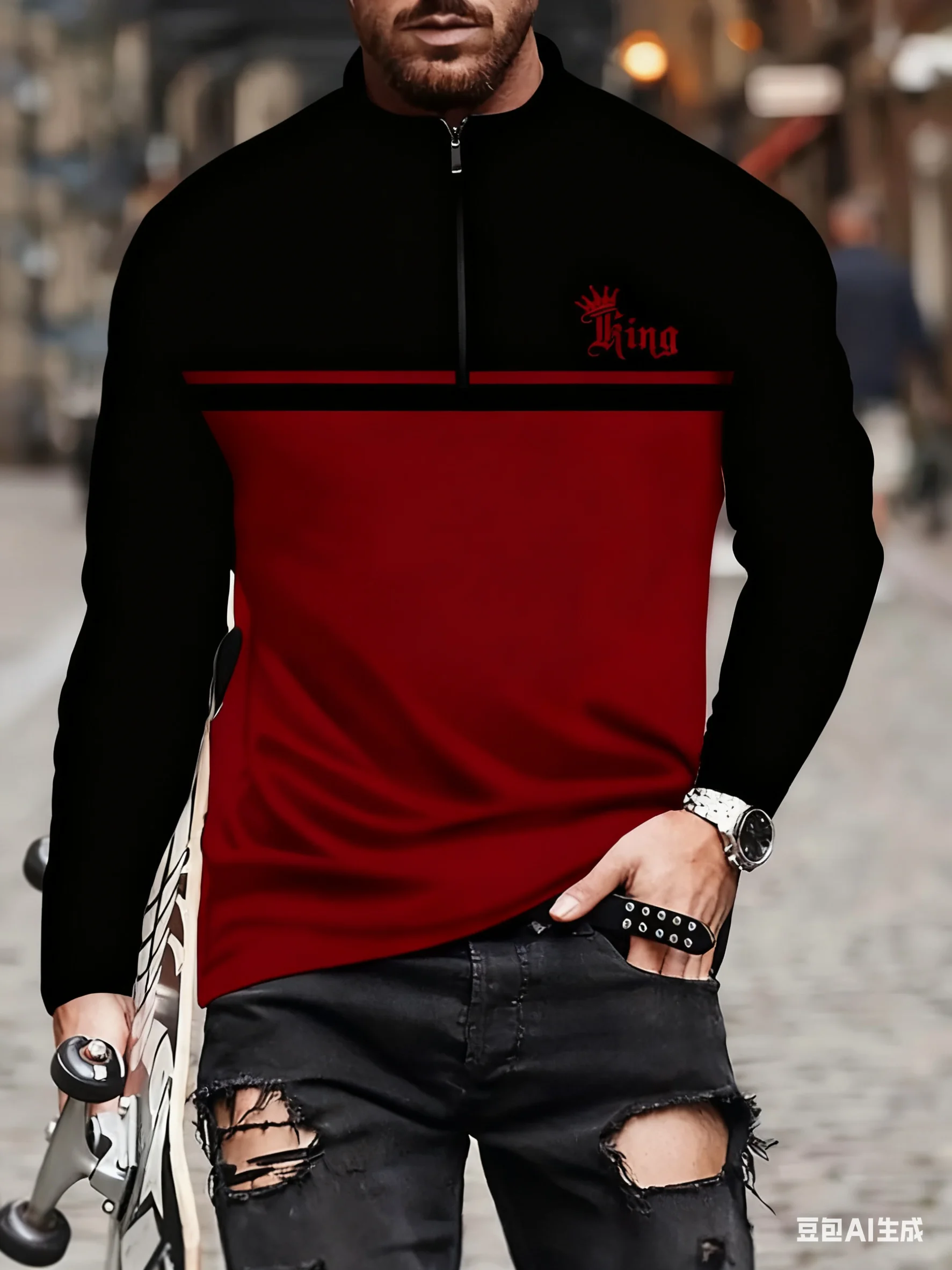 

Autumn Casual Men's Sweatshirts Funny Letter Stripe Print Half Zip Long Sleeve Pullover Fashion Stand Collar Loose Tops Clothing