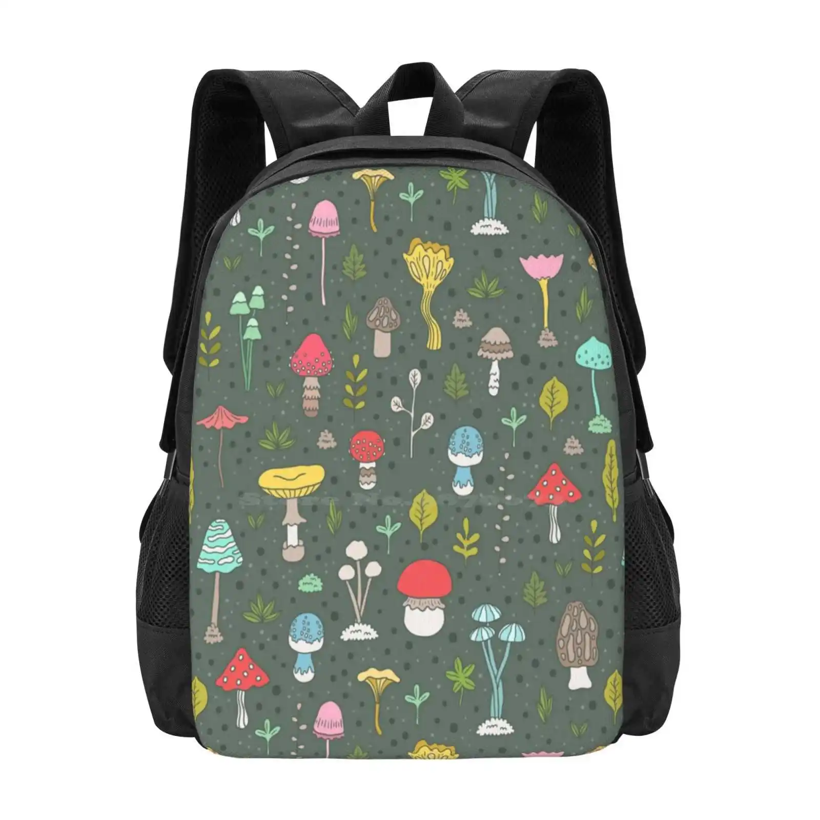 

Mushrooms Pattern Design Laptop Travel School Bags Pattern Green Leaf Leaves Seamless Dottted Mushroom Vector Food Forest