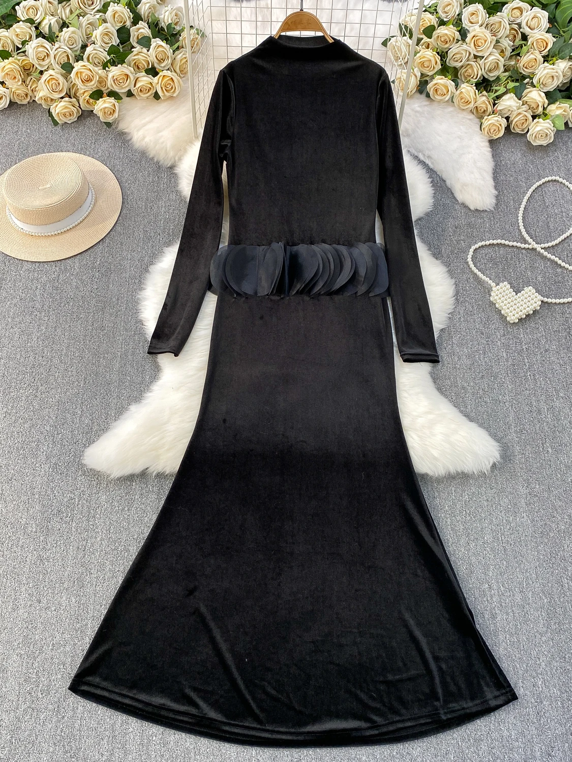 Ele Velvet ثوب نسائي بقصة ضيقة عالي Ne Dr Tee Dimensional بتلة مزخرفة ثوب حفلة Sle مضاد للبيلينغ #2