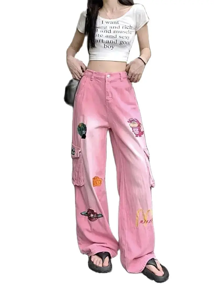American Pink Cargo Jeans Cartoon Embroidered Baggy  For Women 2024 Spring New Waist Slimming Wide Leg Pants Trousers Female