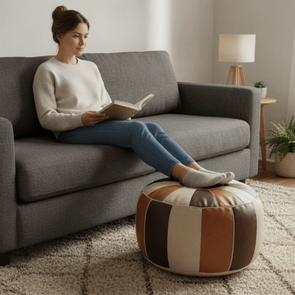 Moroccan Style PU Leather Storage Pouf Cover Pumpkin Shaped Unstuffed Pouf Cushion Cover with Handle Folding Footstool Seat Bag