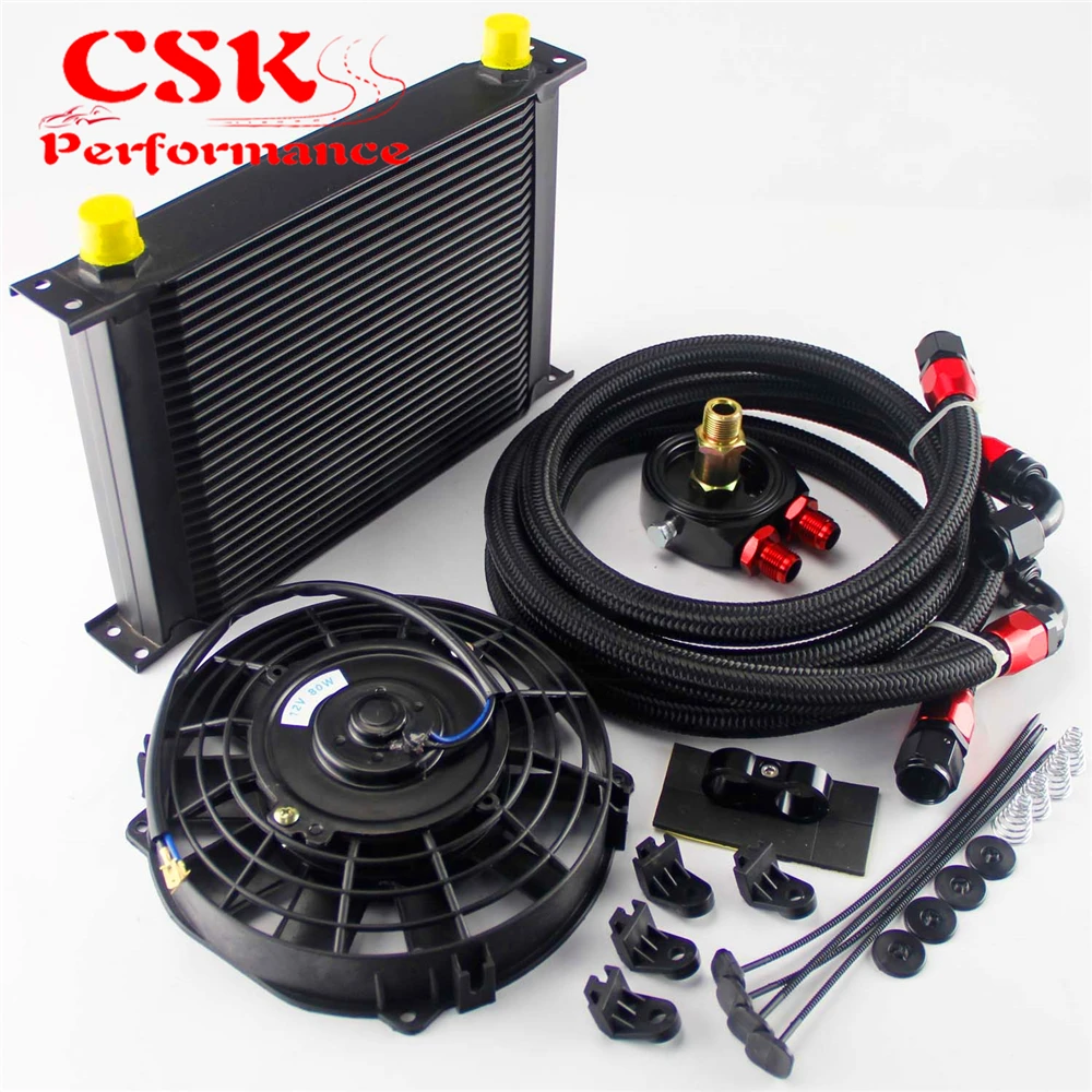 

Universal 28 Row 248mm AN10 Aluminum Oil Cooler kit British Type +7" Electric Fan Kit Black