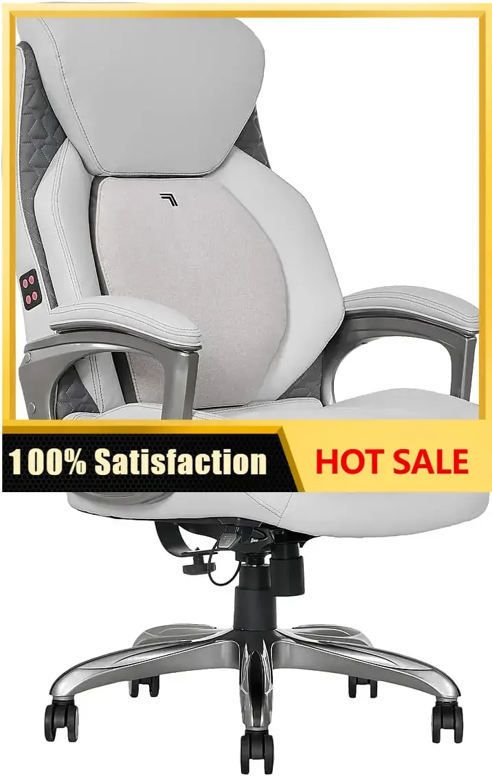 Sharper Image S600 Active Lumbar Ergonomic Bonded Leather Swivel Executive Massage Chair, White/Gray