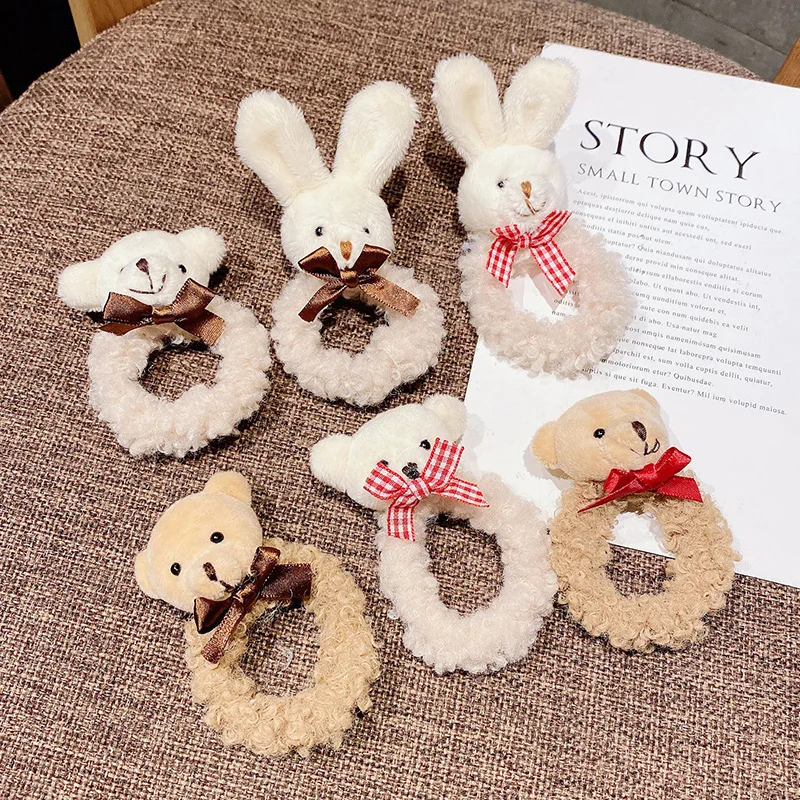 New Kids' Plush Hair Scrunchies - Bear Pom-pom & Rabbit Ear Styles, Soft No-pull Elastic Bands for Girls' Daily Hairdos.