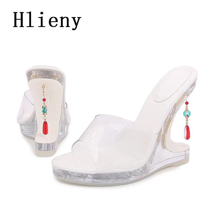 Hlieny New Design Strange Wedges Slippers Fashion Gem Pendant High Heels Open Toe PVC Transparent Women Summer Platform Sandals