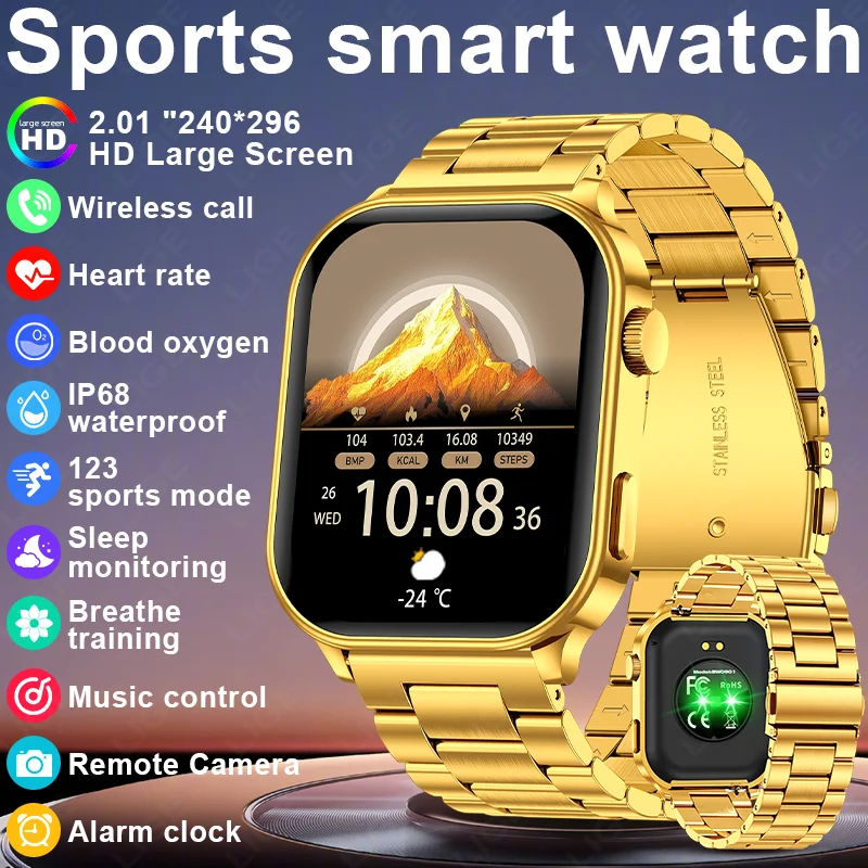 

LIGE военные умные часы с экраном 2,01 дюйма, 100 + спортивные часы для фитнеса, монитор здоровья, Bluetooth-вызов, IP68, водонепроницаемые мужские умные часы