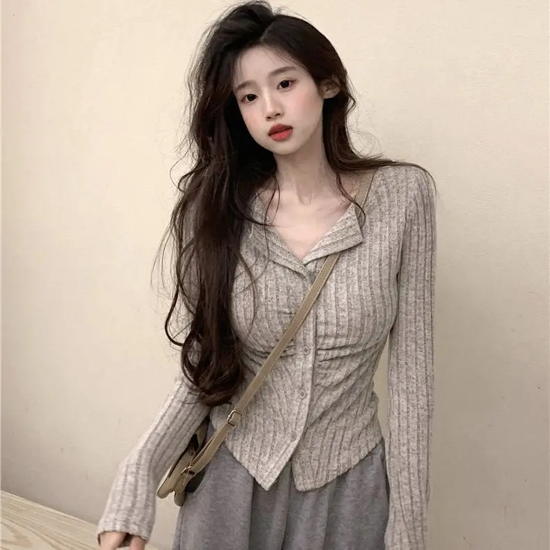 American Gentle Age-Reducing Sle Knit Women Autumn Long sleeve Lapel Design Sense Slim fit Slimming Temperament Cardigan Top