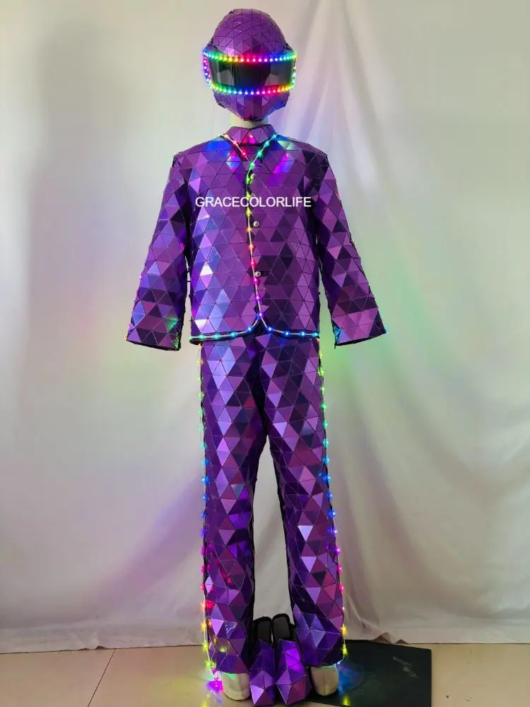 Costume da spettacolo per festival Design a specchio illuminato a LED Abito fatto a mano da uomo in più colori con maschera di Halloween Spettacolo teatrale