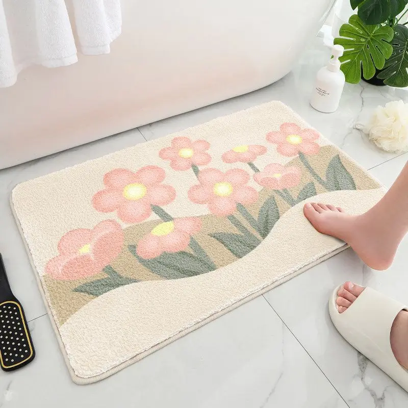 VIKAMA Pink Flower Bath Mat Beige Floral Non Slip Soft Plush Bathroom Rug Absorbent Floor Mat for Shower Tub Bedroom Girls Room