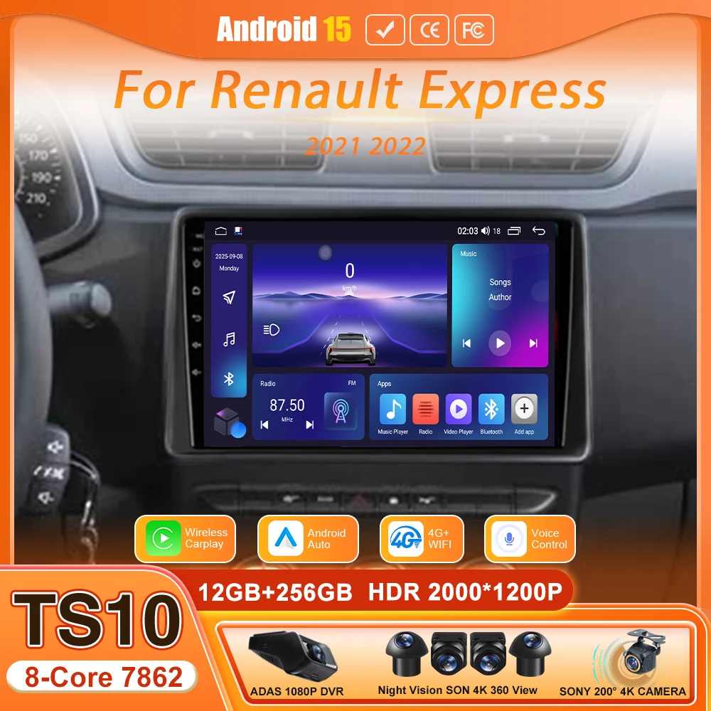 For Renault Express 2021 2022 Android 15 Car Radio Carplay Auto Head Unit Multimedia Video Stereo GPS 2din Navigation Wifi DSP