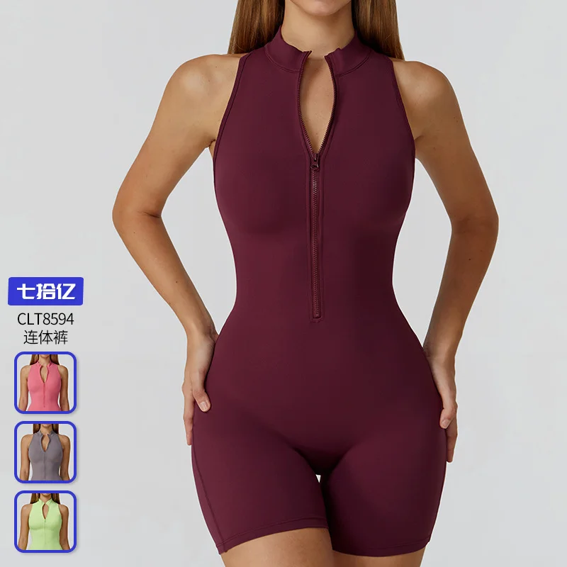 

High-intensity exercise back-beautifying yoga one-piece suit with zipper nude feel, tight-fitting fitness suit for women