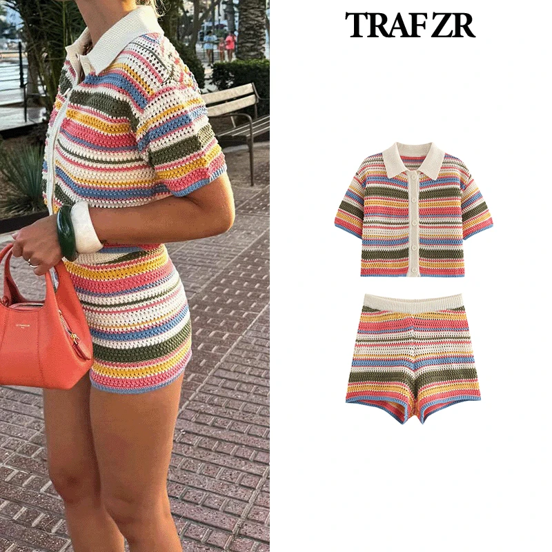 TRAF ZR Krótki zestaw damski Dwuczęściowy Casual Elegancki Prairie Chic Patchwork w paski Zestawy damskie Letni garnitur Zestawy z krótkim rękawem