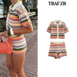 TRAF ZR Short Set Woman Two Pieces Casual Elegant Prairie Chic Striped Patchwork Sets Women's Summer Suit Set Short Sleeve Sets